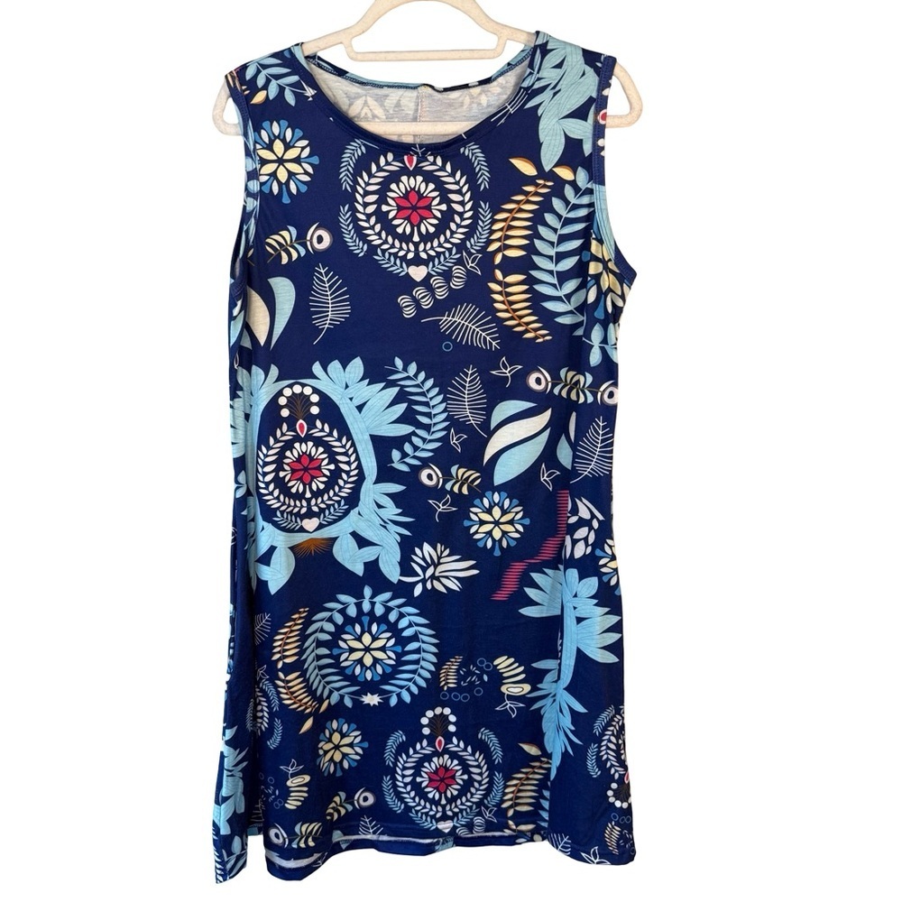 Floral Sleeveless Blue Lightweight Shift Mini Dress Size L Casual Floral